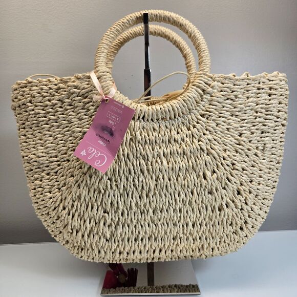 Straw Circle Handle Purse Hand Bag Tote Resort Summer Beach Boho Hippie Festival - Picture 2 of 7